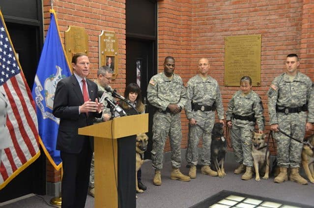 Senator Richard Blumenthal (D-CT) speaks at a press conference on military dog legislation in Hartford Wednesday morning.